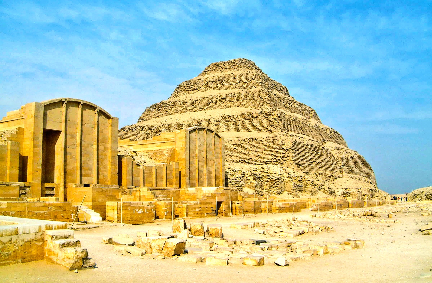 The Step Pyramid of king Netjerkhet Djoser at Sakkara, built near modern Cairo about 4,700 years ago. Metjen must have watched this complex of buildings being built and he was eventually buried nearby, at a site off to the right of the pyramid itself in this view. (Photograph © Bill Manley)