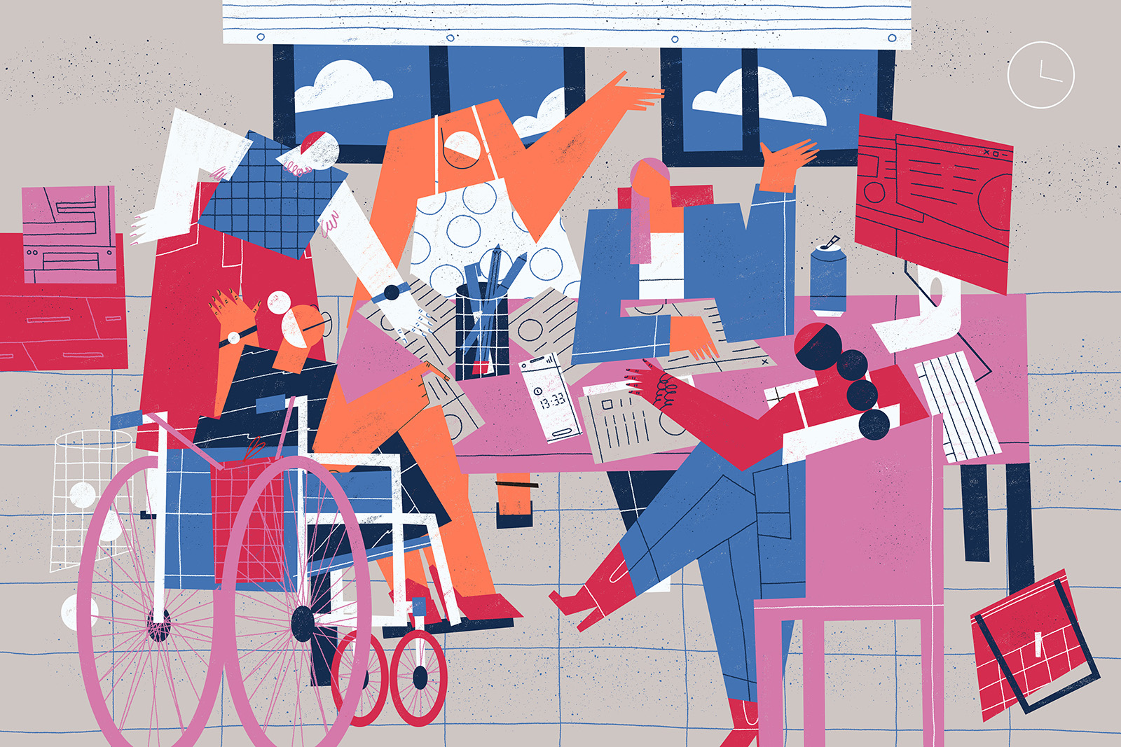 Illustration of a diverse and inclusive group of five colleagues in discussion, two standing, one wheelchair user, two sitting on chairs