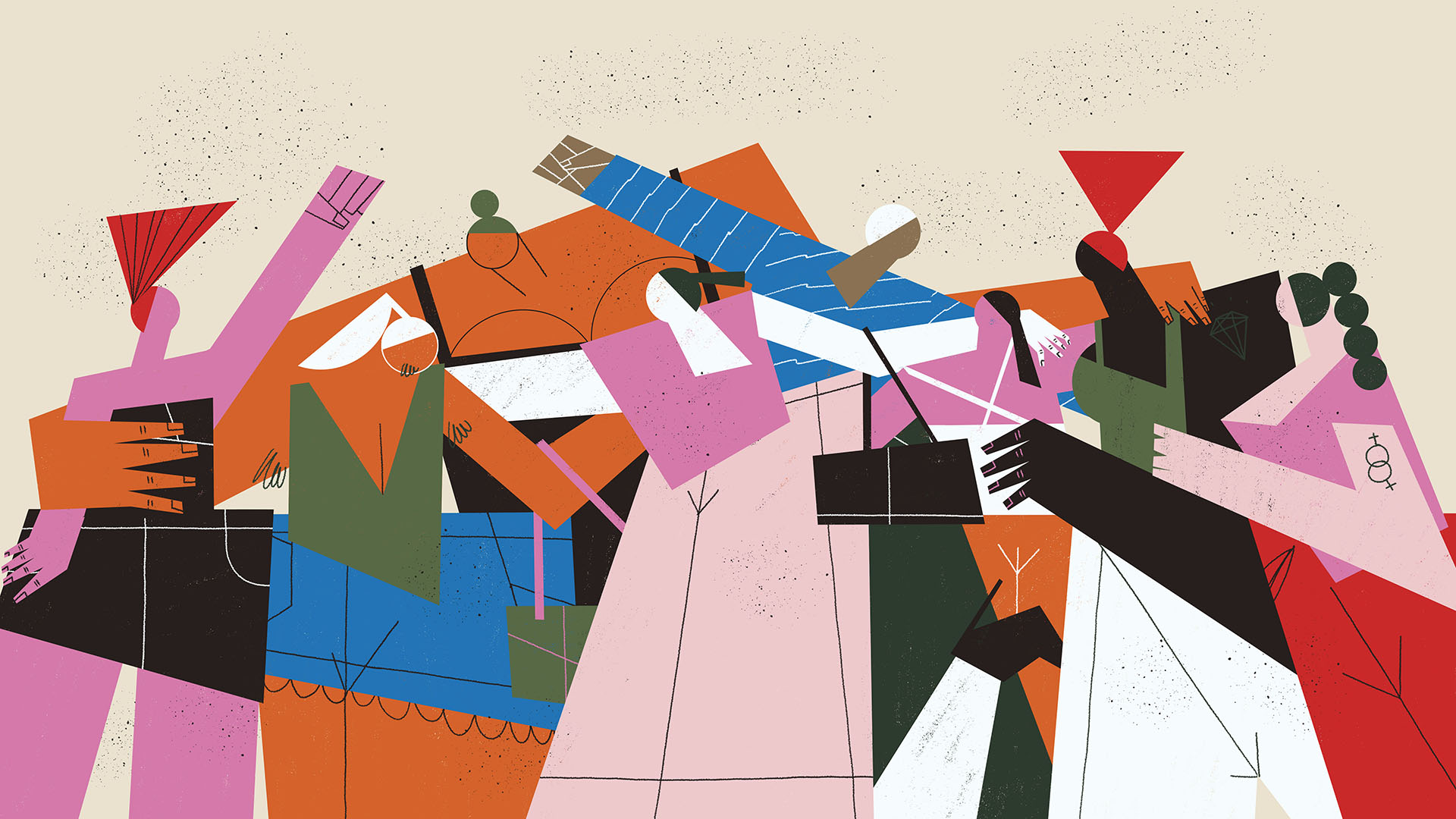 Group of women friends lacing arms and celebrating diversity, woman empowerment and inclusivity together. LGBTQ+ community colorful illustration. Illustration © Antonio Rodriguez