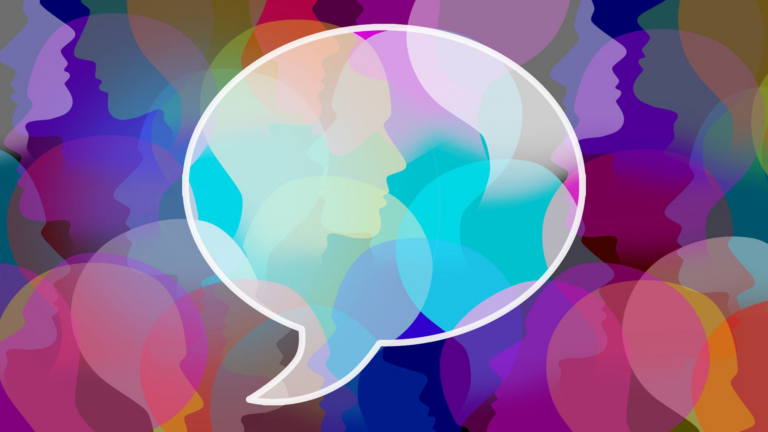 Abstract colourful image of a speech bubble against a background of silhouettes of people's heads. Image © FreshIdea / Adobe Stock
