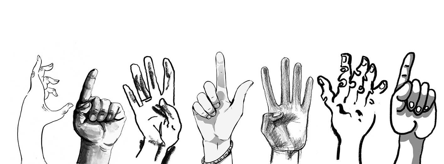 A black and white drawing showing a row of hands