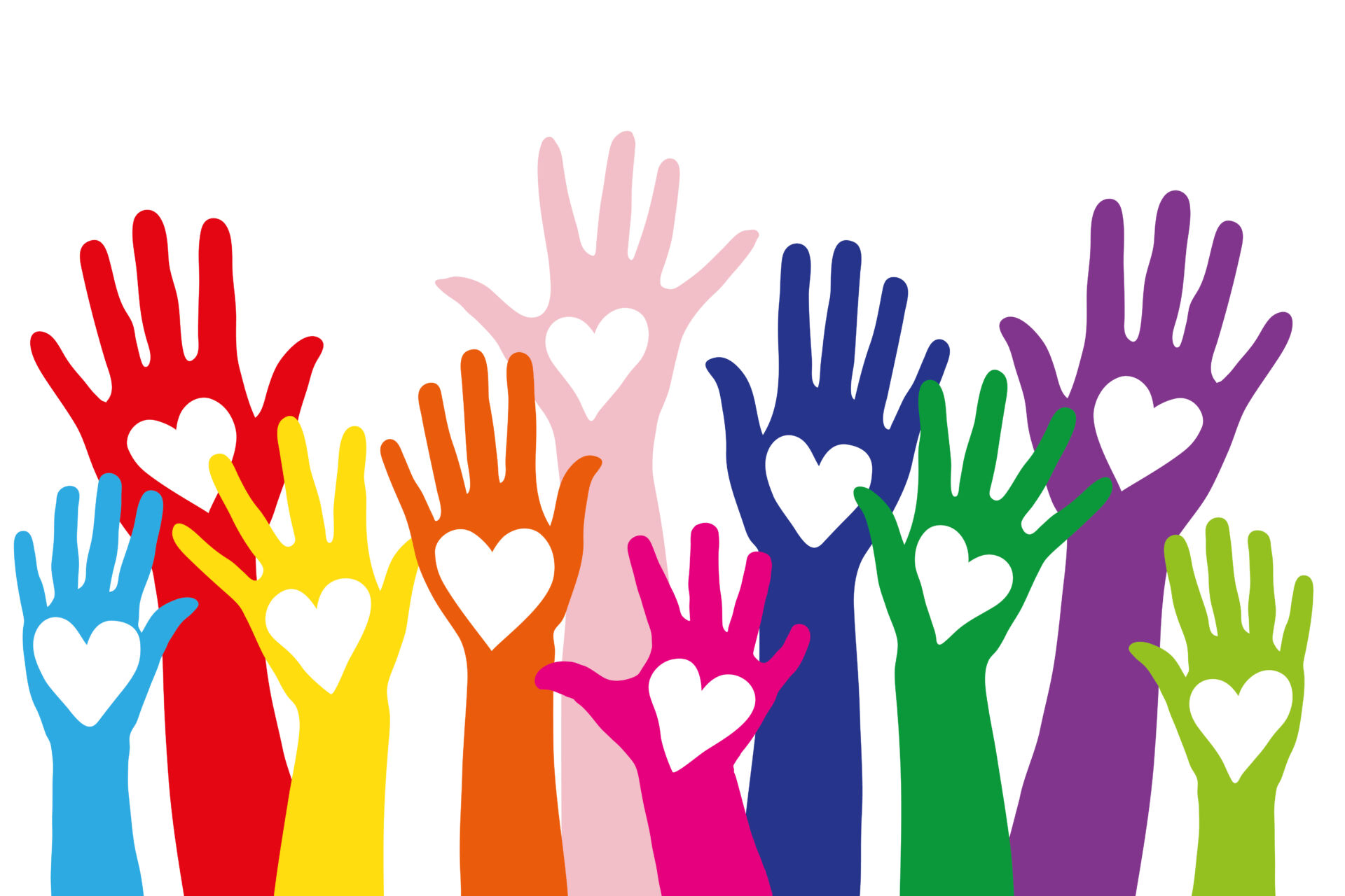 Viele verschiedene bunte Hände mit Herz als Symbol für Liebe