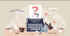 An illustration showing a typewriter with a piece of paper with large question marks. A person sits in the foreground.