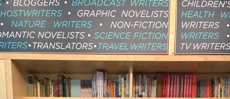 A bookshelf with text above describing many different types of author and writer