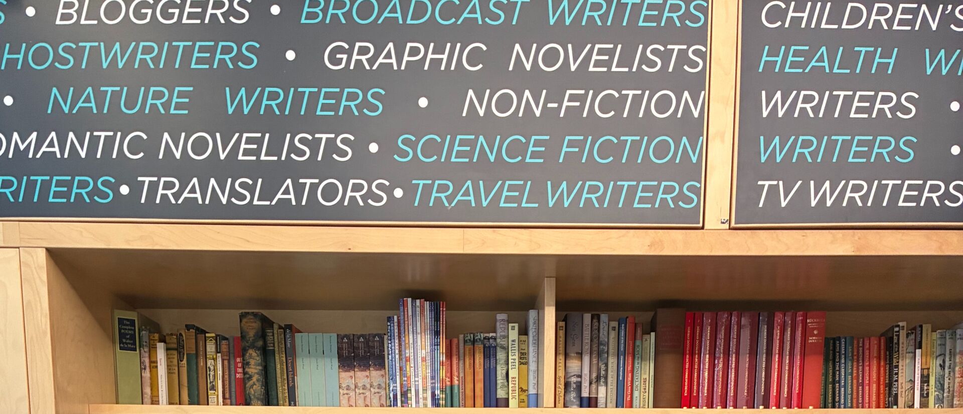 A bookshelf with text above describing many different types of author and writer