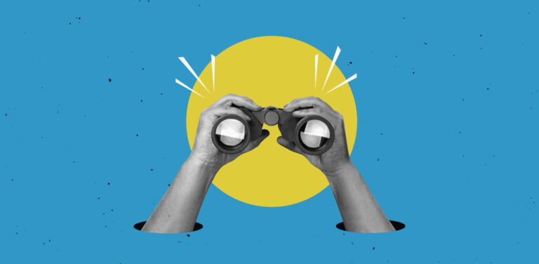 Hands holding binoculars on a blue background with a yellow circle