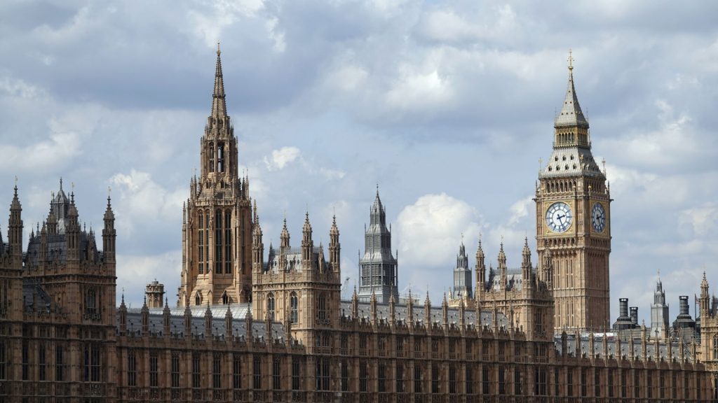 A closeup of the Houses of Parliament, in central London