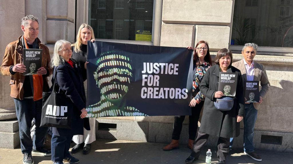 Creative organisations gather outside the Department for Science, Innovation & Technology ahead of the announcement.