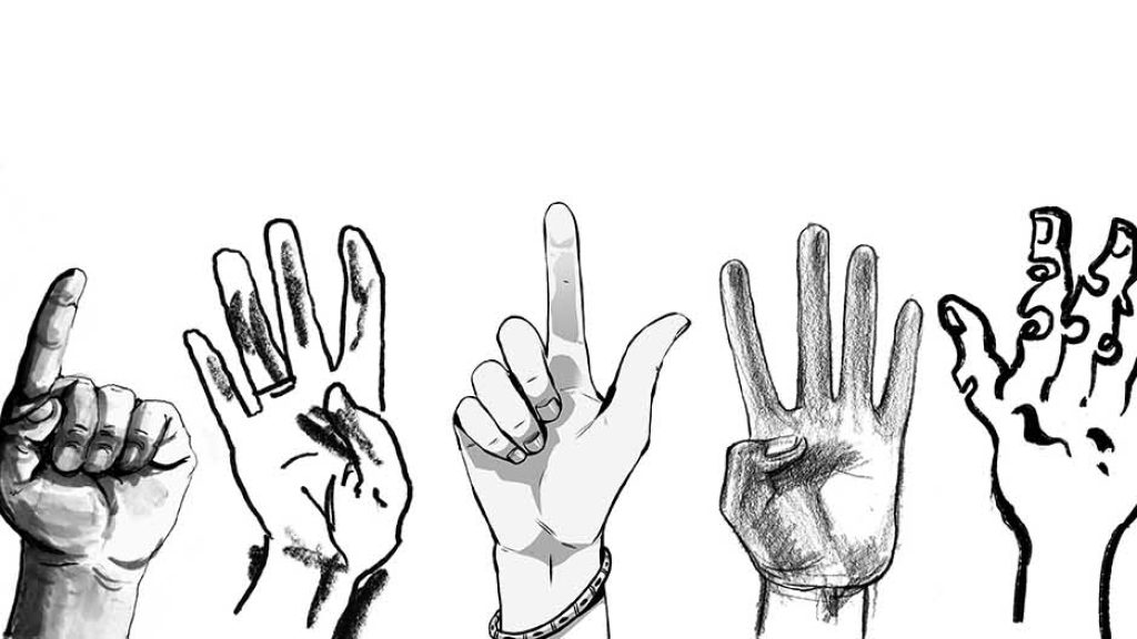 A black and white drawing showing a row of hands